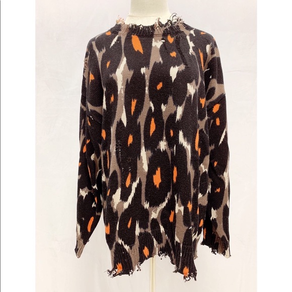 R13 Black and Brown Leopard Oversized Long Sleeve Crewneck Sweater Size M - Picture 4 of 8